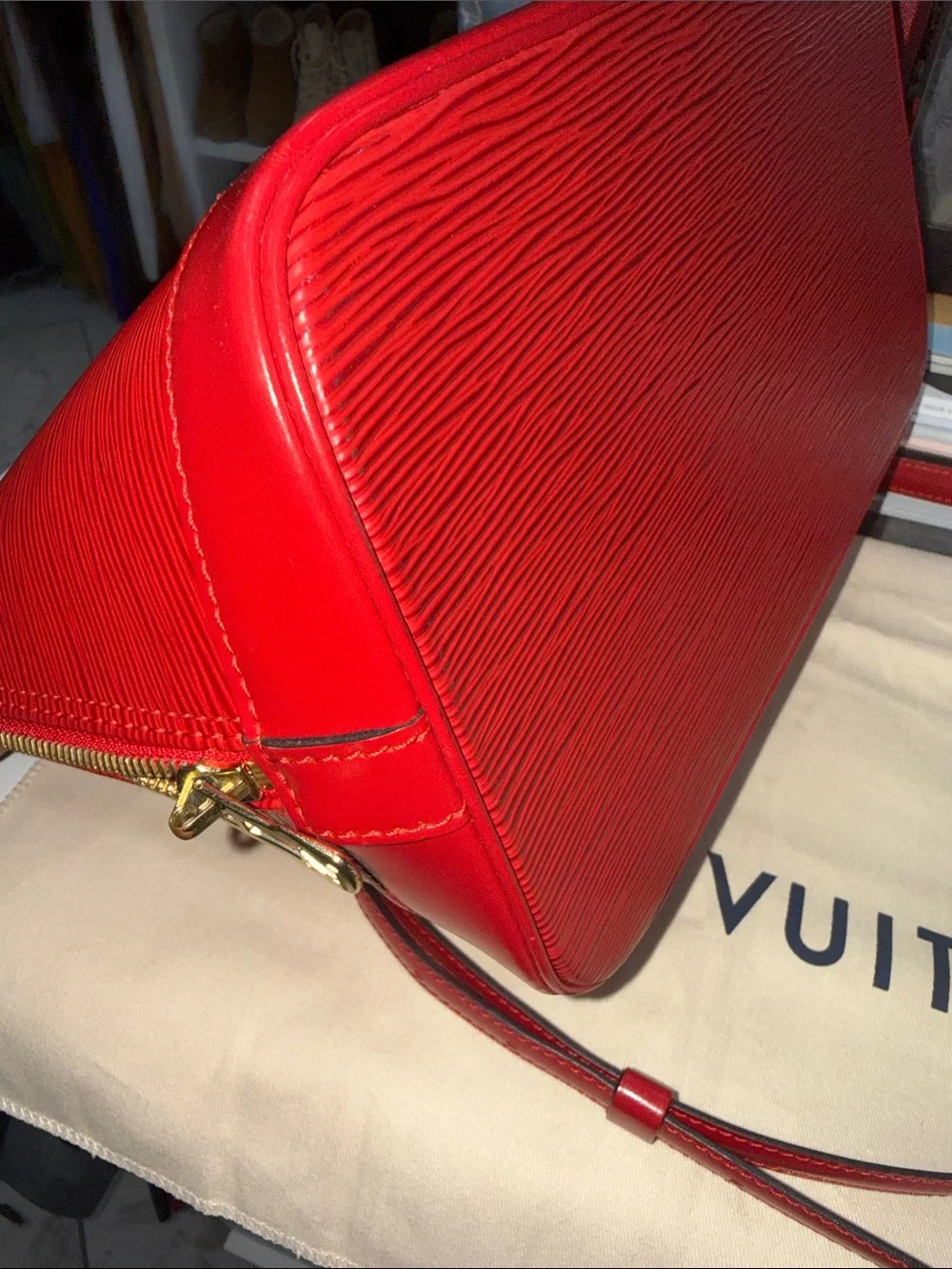 Authentic Louis Vuitton Red Epi Alma PM Satchel with Gold Hardware